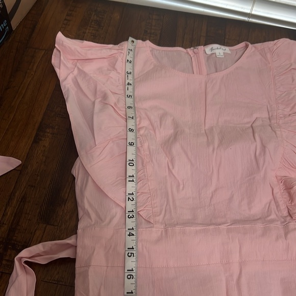 Elegant pale Pink Ruffle Dress Midi Exaggerated short ruffle sleeves tier hem L - Picture 11 of 16